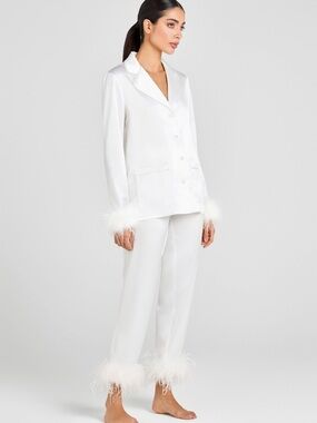 Nadine Merabi Size Small White Feather-Trim Silk Pajama Set. Only Worn Once.